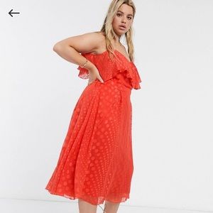 ASOS Little Mistress off shoulder skater dress in spot jacquard in orange
